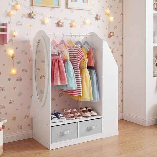 The kids storage unit placed in a child's bedroom against a wall with rainbow wallpaper