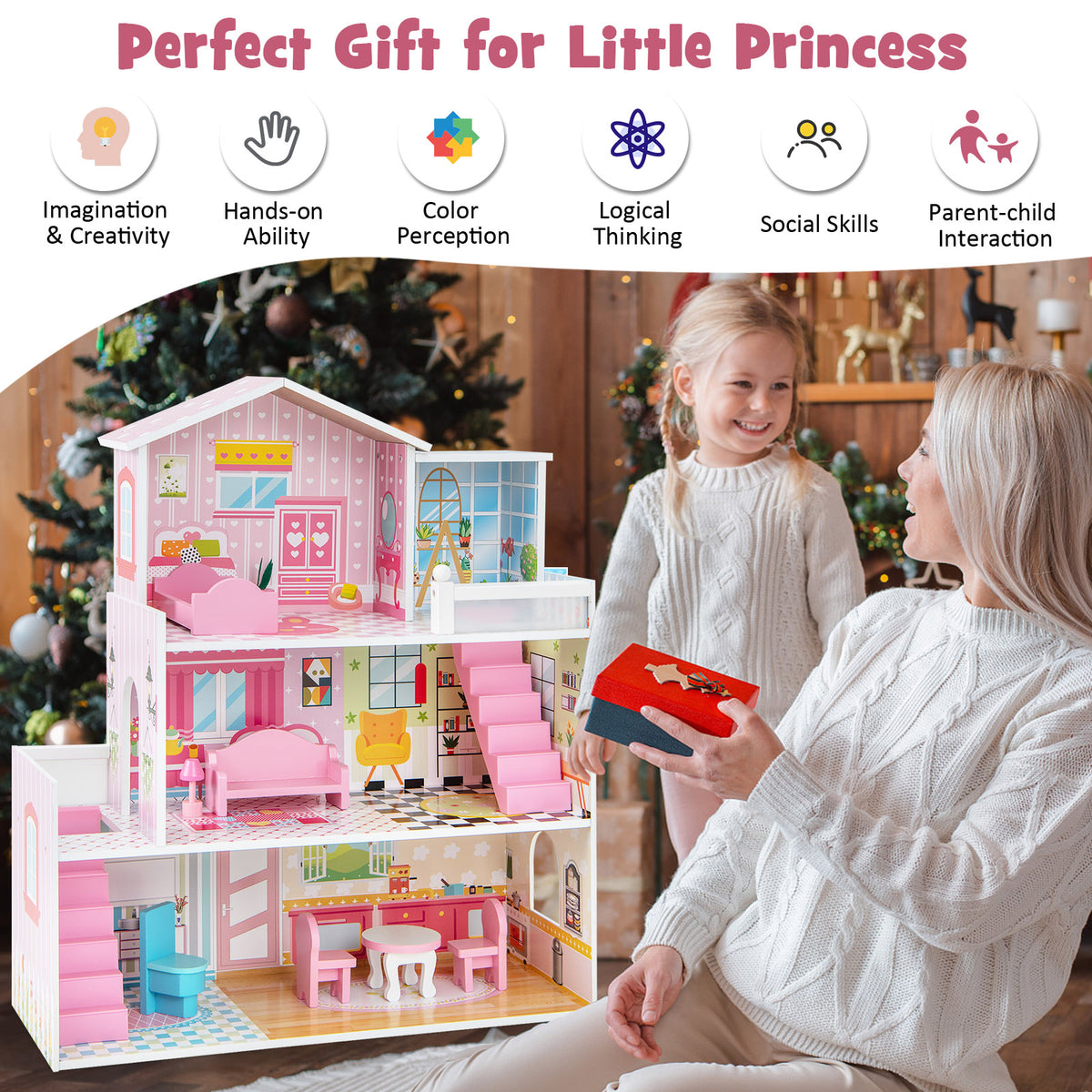 A mother giving a gift box to a child in front of the pink wooden playhouse