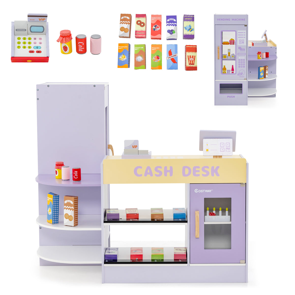 All the parts and accessories included with the purple wooden grocery store play set