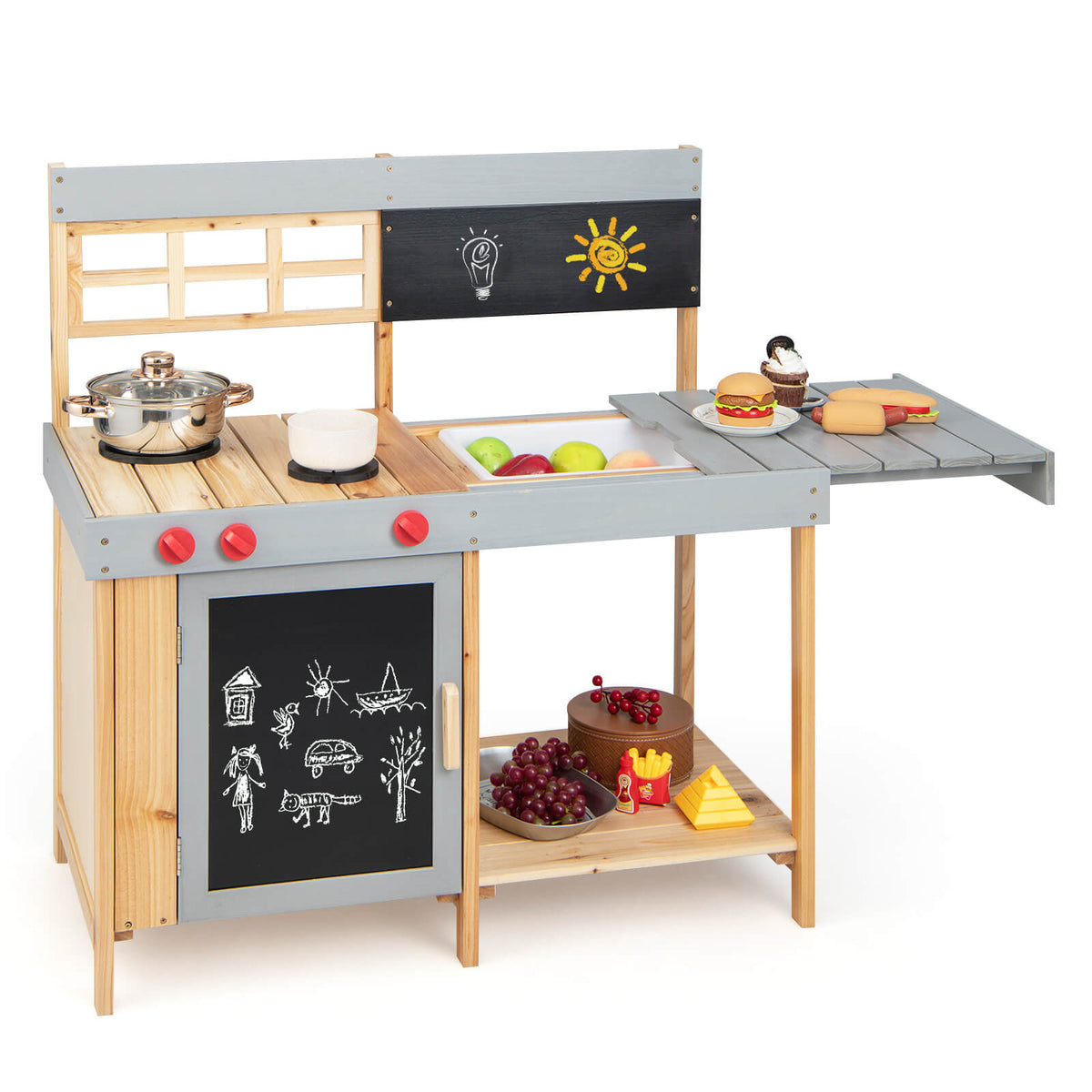 A wooden mud kitchen set with play food on the counter and shelves