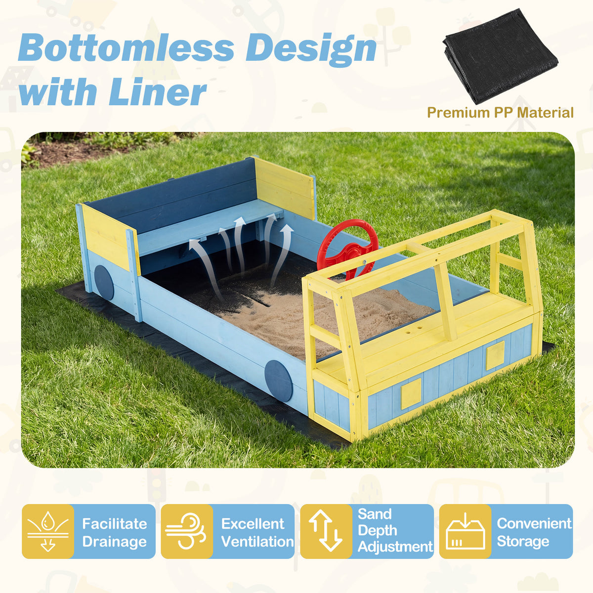 The car sand box featuring a bottomless design with a black liner for drainage