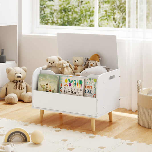 The white toy storage unit with an open lid and front bookshelf filled with books and soft toys