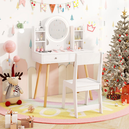 The kids vanity set placed in a festive room decorated with a Christmas tree and colourful bunting