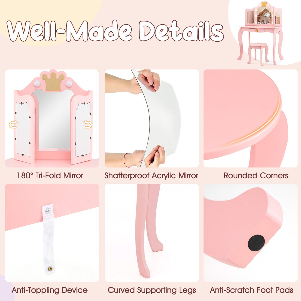 Kids Vanity Set with Lighted Mirror and Adjustable Brightness Pull-out Drawer and Stool-Pink
