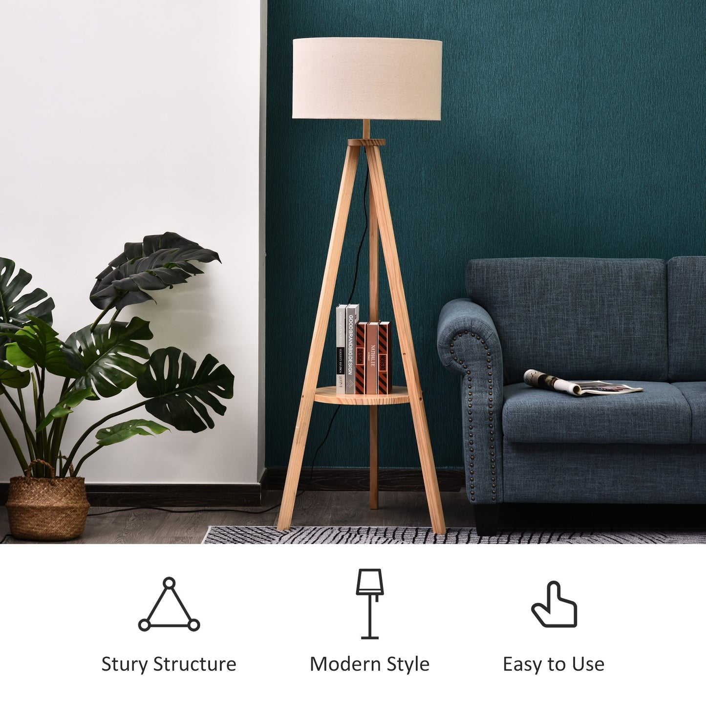 HOMCOM Tripod Floor Lamp, Freestanding Bedside Light Reading Light with Storage Shelf and Linen Shade for Living Room Bedroom, 154cm, Cream
