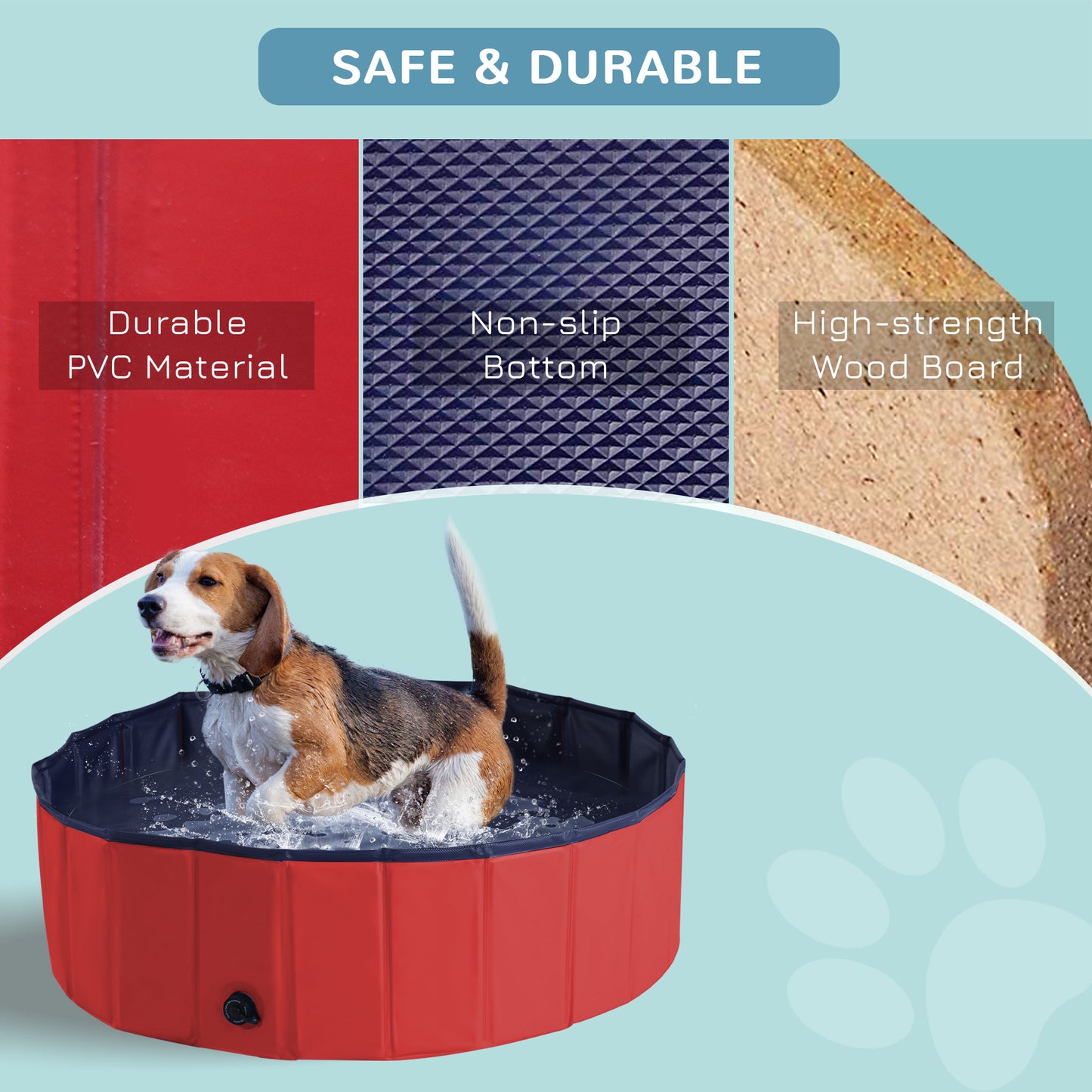 PawHut Dog Paddling Pool, Foldable Dog Pool, Leakproof & Hard Plastic, Portable Pet Bathtub with Non-Slip Base & Drainage Hole, for Indoors, Outdoors, Garden, Patio, 100 x 30 cm, Red
