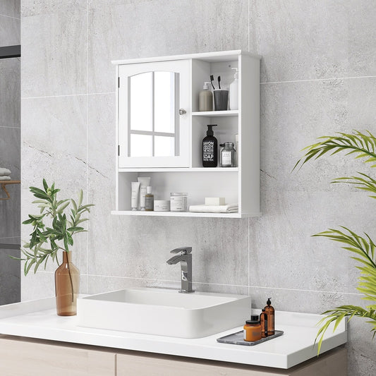 White bathroom cabinet with mirror and shelves, shown mounted above a sink with toiletries