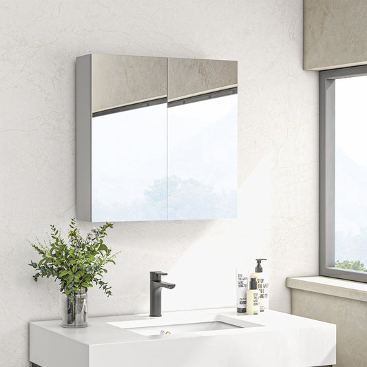 the bathroom mirror cabinet mounted on a wall above a white sink in a bright room