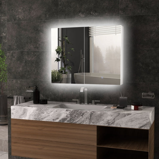 the bathroom mirror cabinet mounted on a dark tiled wall above a marble vanity unit