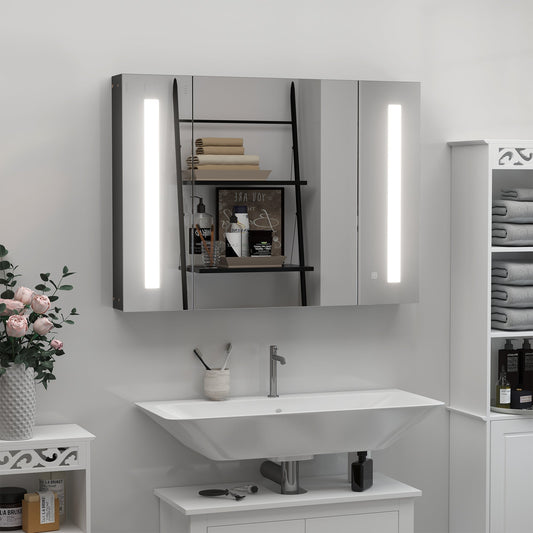 The bathroom mirror cabinet is installed above a sink in a modern bathroom, with toiletries visible inside