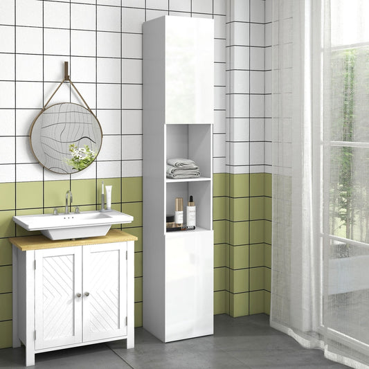 The slim bathroom cabinet is shown in a stylish bathroom setting next to a sink and vanity unit