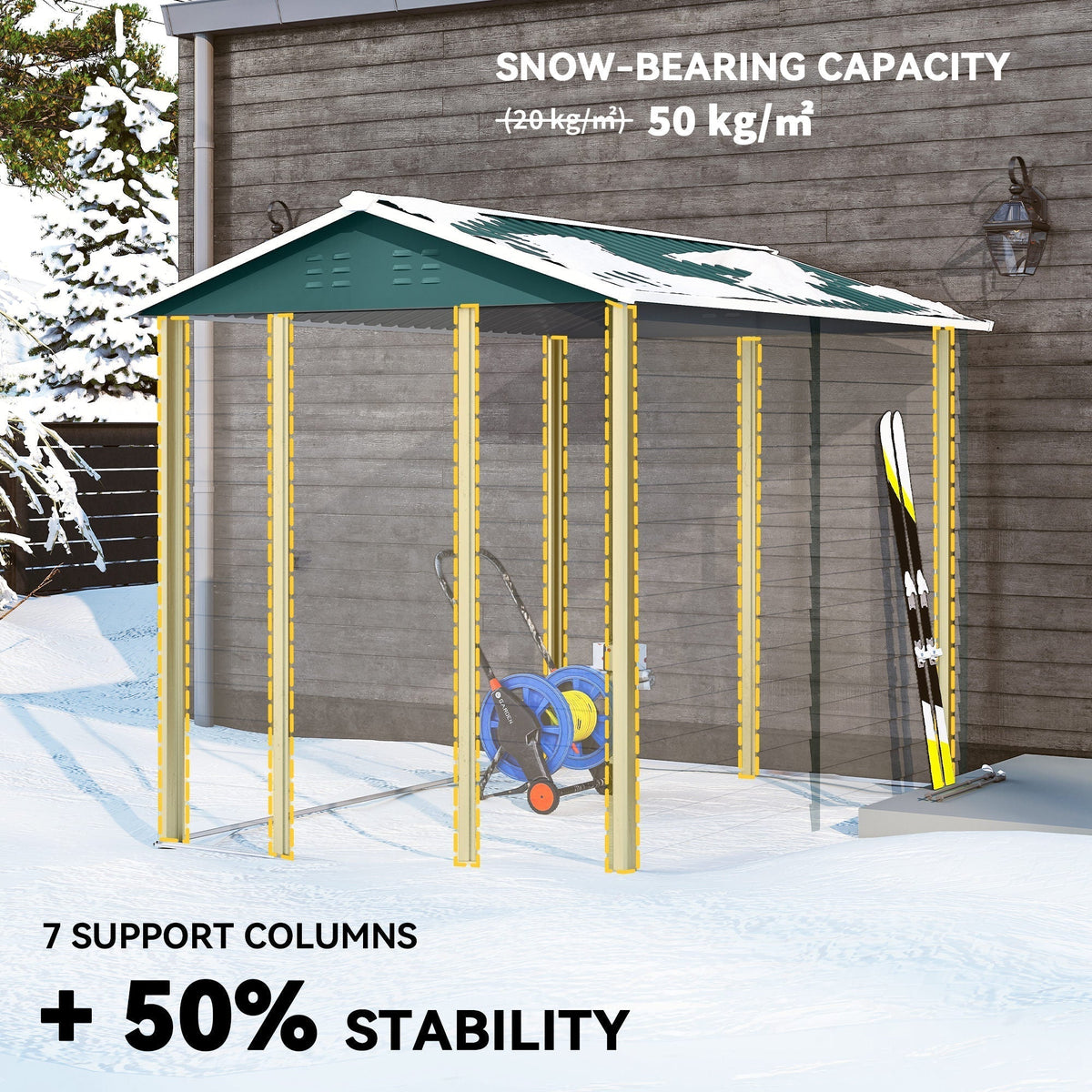 Outsunny سقيفة حديقة معدنية خارجية 9×6 قدم، سقيفة تخزين أدوات مجلفنة بسقف مائل، باب قابل للقفل للفناء أو الحديقة، أخضر