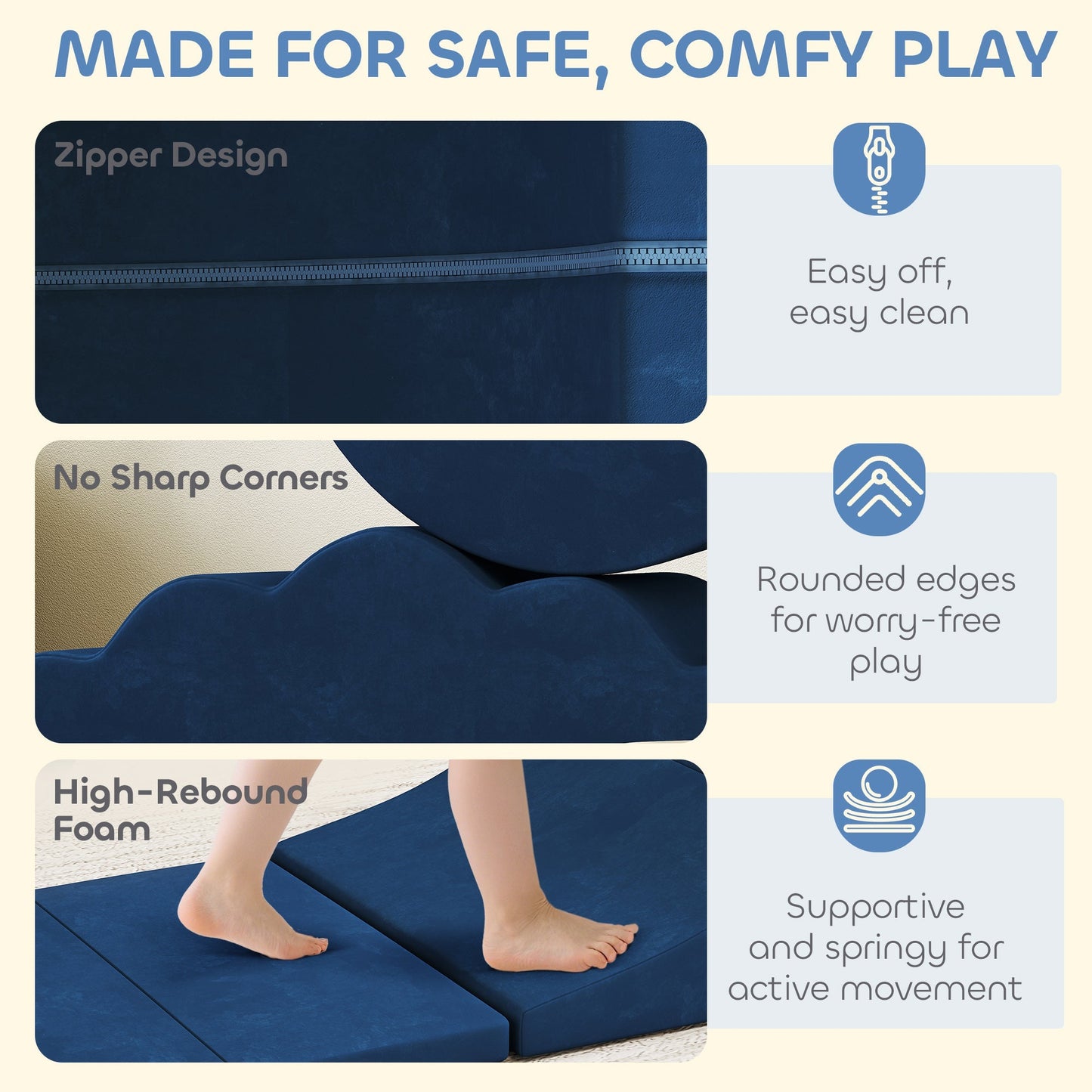 AIYAPLAY 7 Piece Kids Soft Play Set with Detachable Cover, Baby Indoor Climb and Crawl Foam Toy for Toddlers, Dark Blue