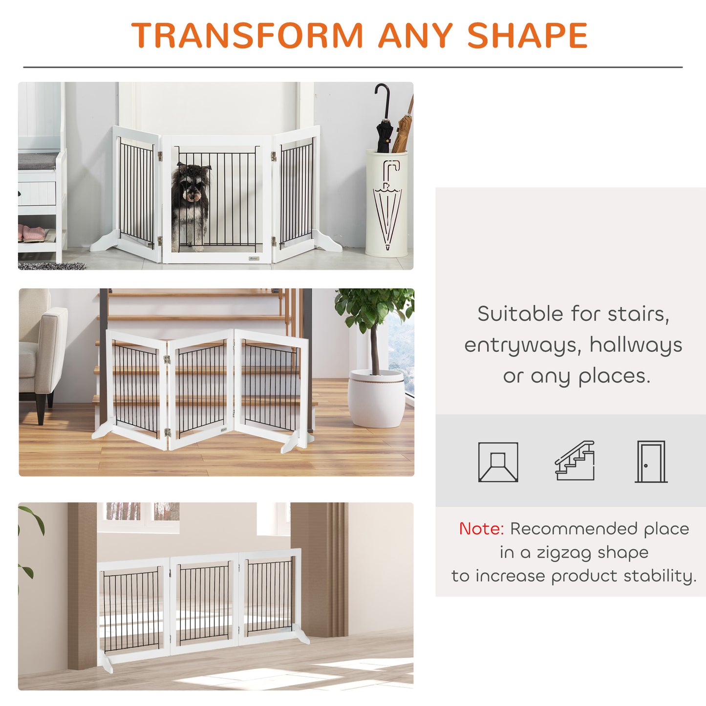 PawHut Foldable Pet Gate, with Three Panels & Two Support Feet - White