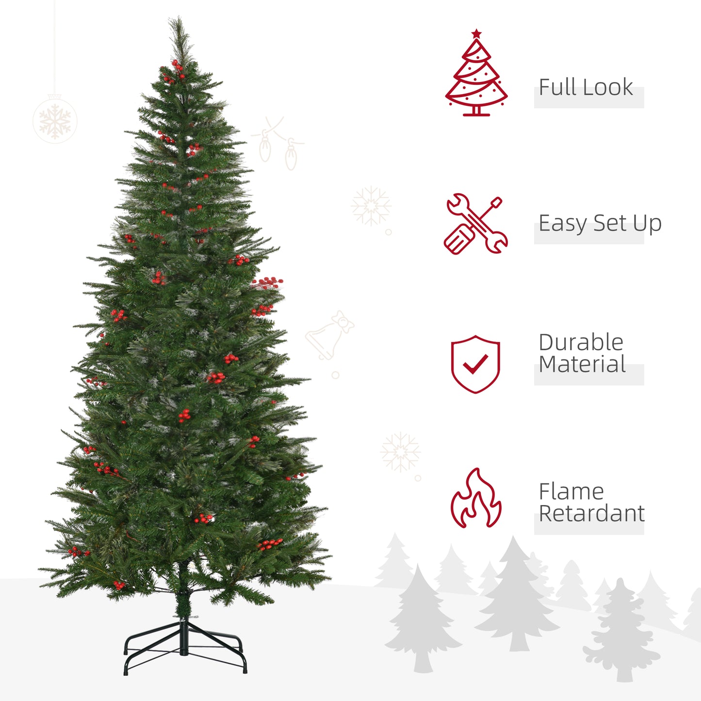 HOMCOM 7ft Pencil Artificial Christmas Tree with Realistic Branches, Red Berries, Auto Open, Green