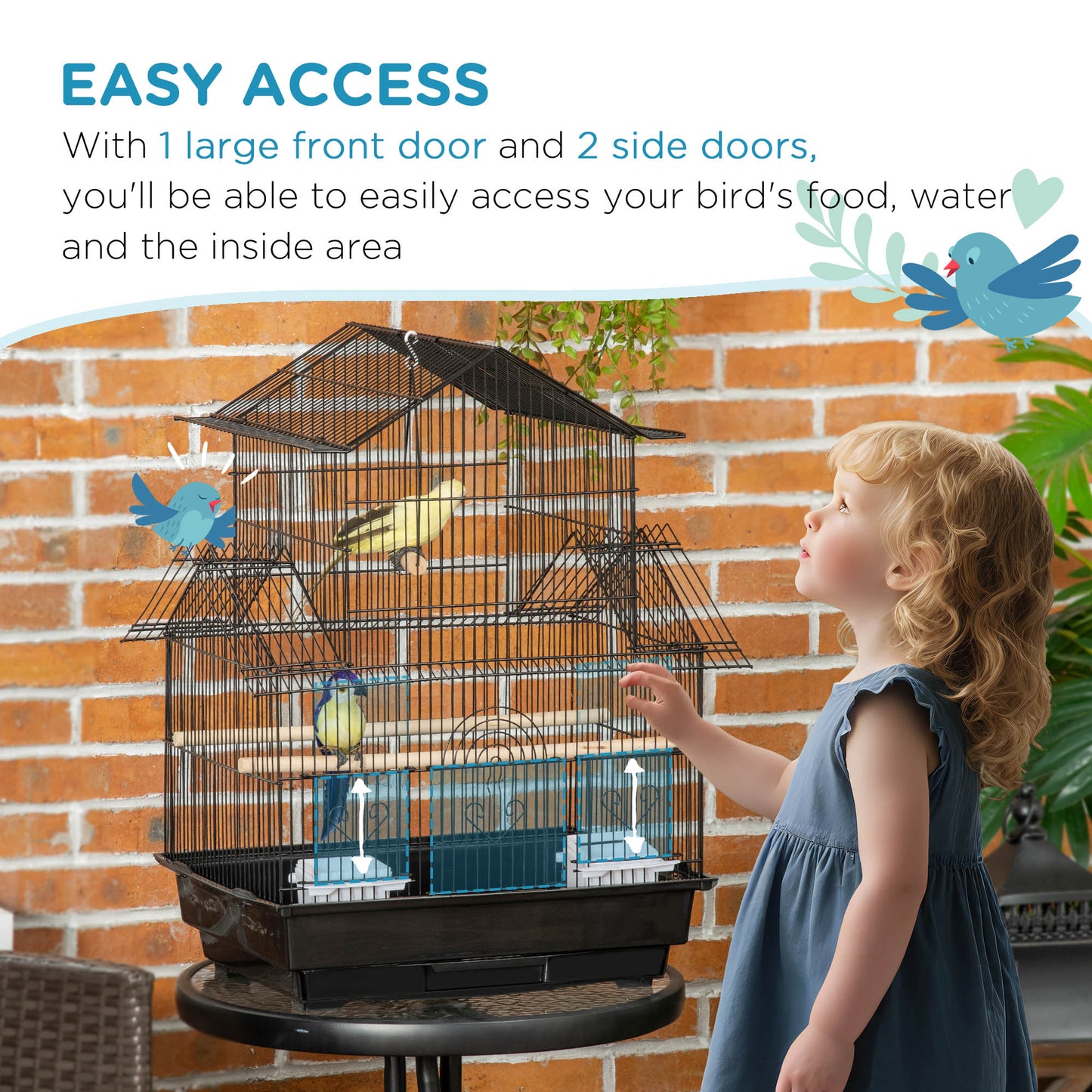 PawHut Metal Bird Cage with Plastic Swing Perch Food Container Tray Handle for Finch Canary Budgie 43.5 x 33 x 63 cm, Black