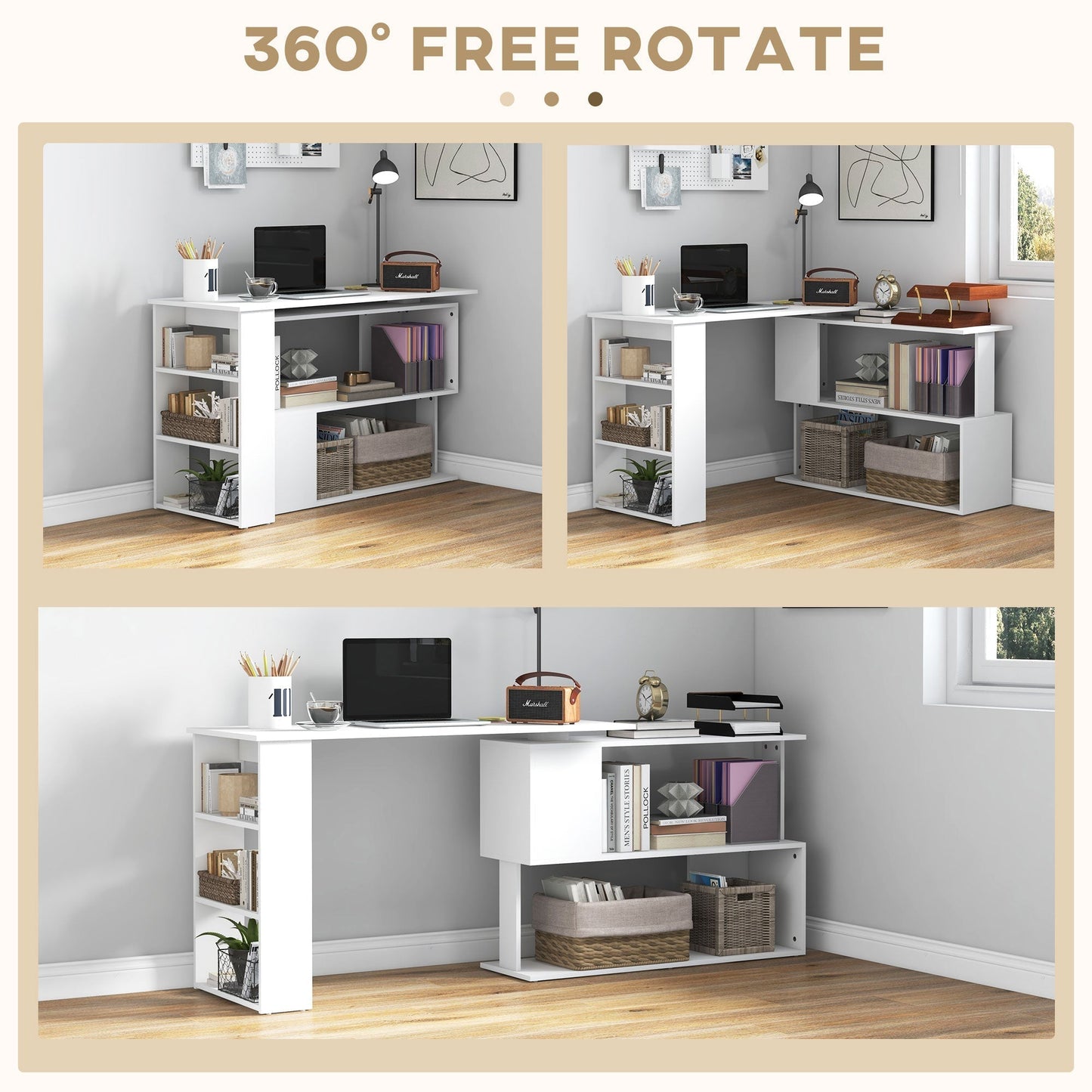 HOMCOM Corner Computer Desk, L Shaped Desk with 360 degrees Rotating Bookshelf, 120L x 110W x 74.5H cm, White