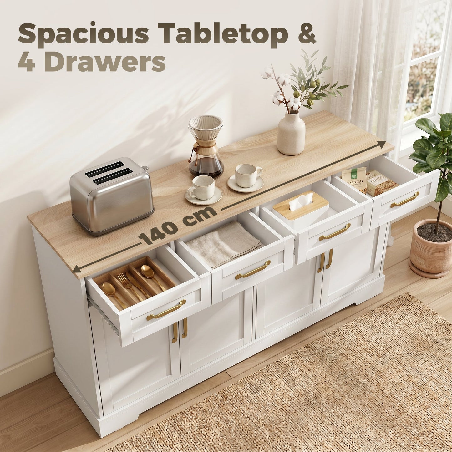 HOMCOM Sideboard Buffet Cabinet, 140 cm Kitchen Storage Cabinet with 4 Drawers, 4 Doors and 2 Adjustable Shelves, White