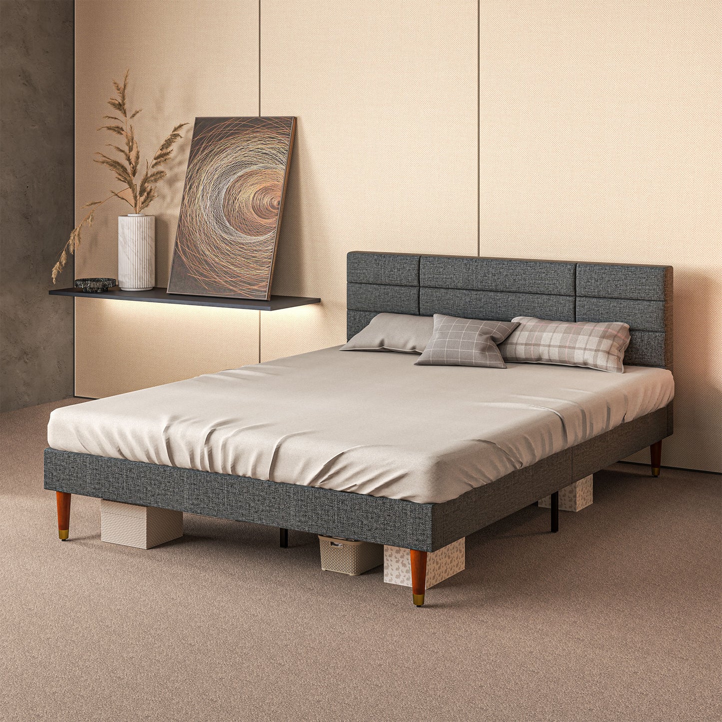 HOMCOM Upholstered King Bed Frame, with Slats - Grey