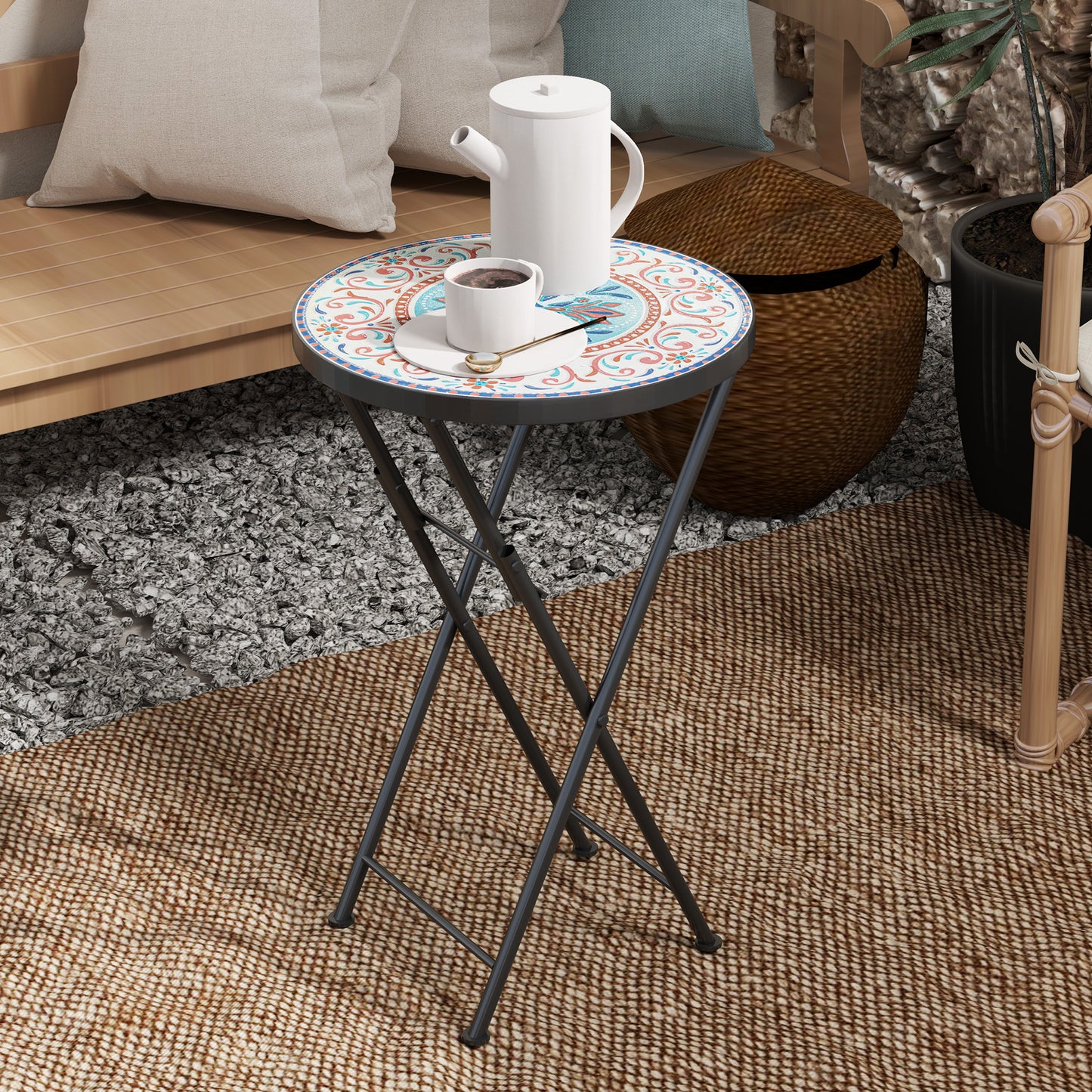 طاولة خارجية للحديقة من Outsunny Mosaic، طاولة قهوة مستديرة قابلة للطي مقاس 35.5 سم بإطار معدني للشرفة والتراس، متعددة الألوان