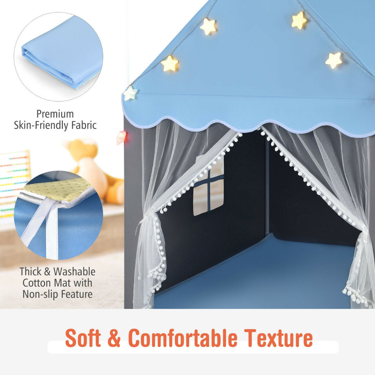 Close up of the soft washable mat inside the blue play tent