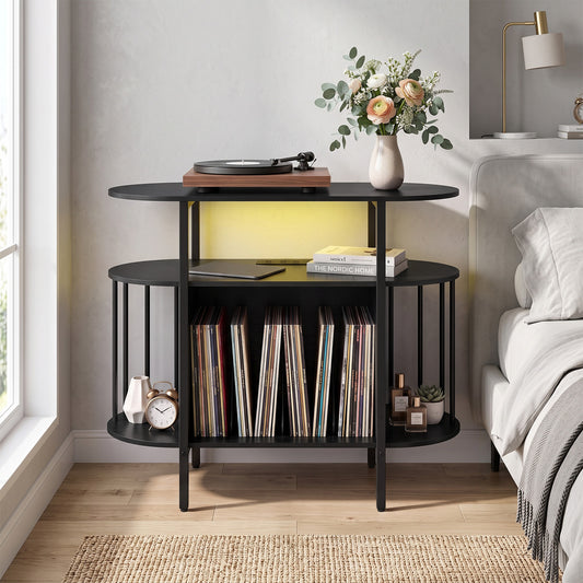 The record player stand in a bedroom setting with a record player on top and vinyl records on the shelf