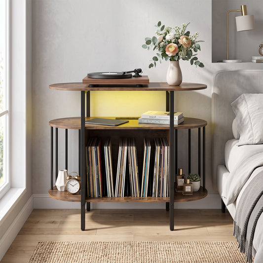 The record player stand in a bedroom setting, showing a record player on top and vinyl records displayed