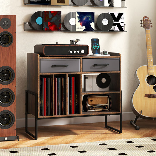 The vinyl storage cabinet placed in a living room next to a tall speaker and guitar