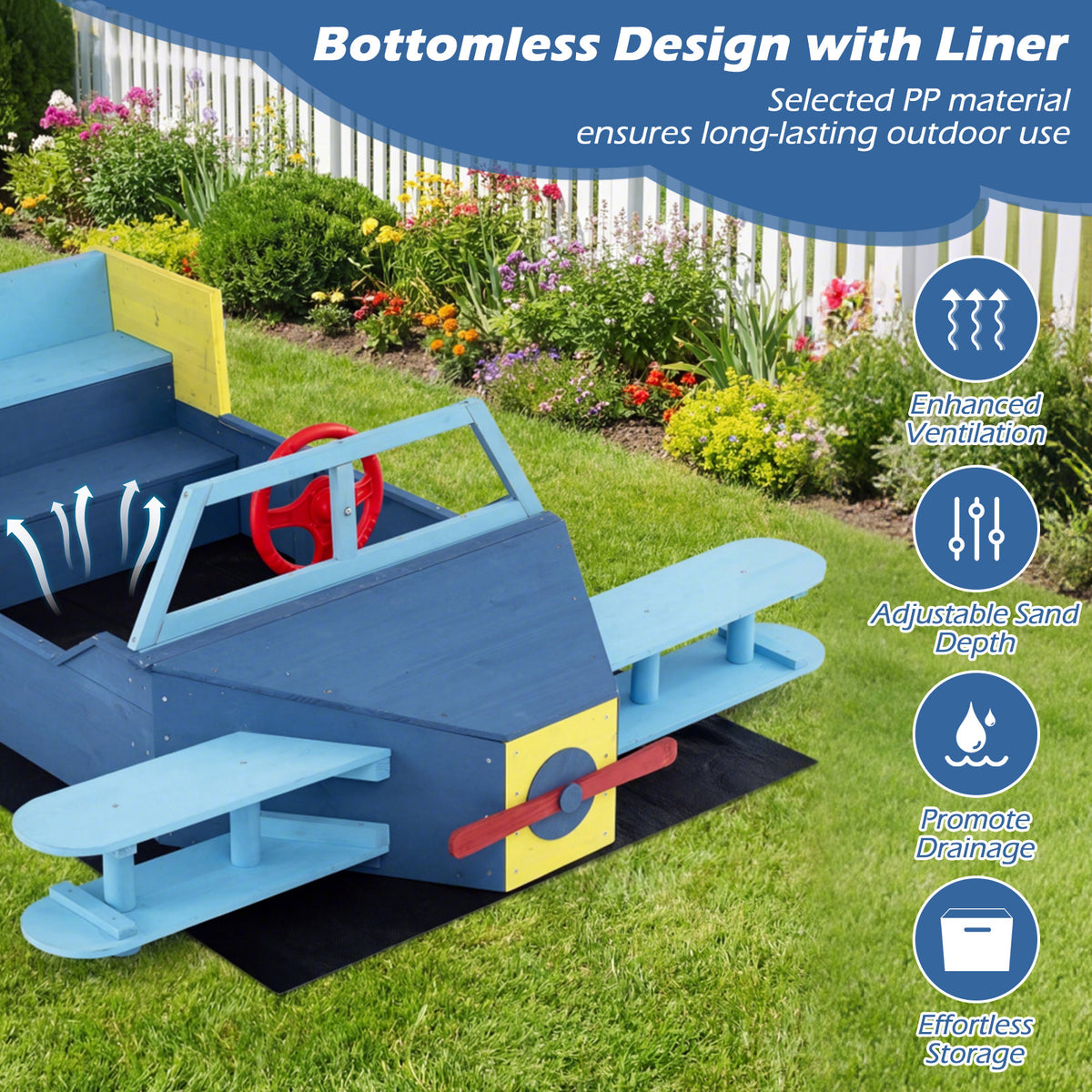 Bottomless design sandbox with liner and bench seat, showing ventilation and drainage features