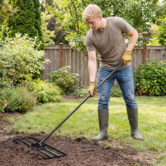 Man using the heavy duty lawn level tool to rake soil in a garden