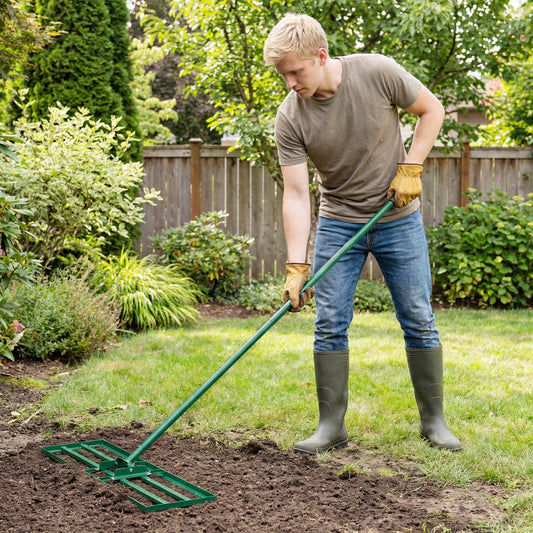 The lawn levelling rake being used by a man to smooth soil in a garden