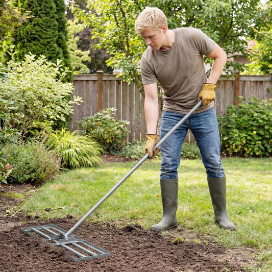 Man using the lawn leveling rake to smooth soil in a garden setting
