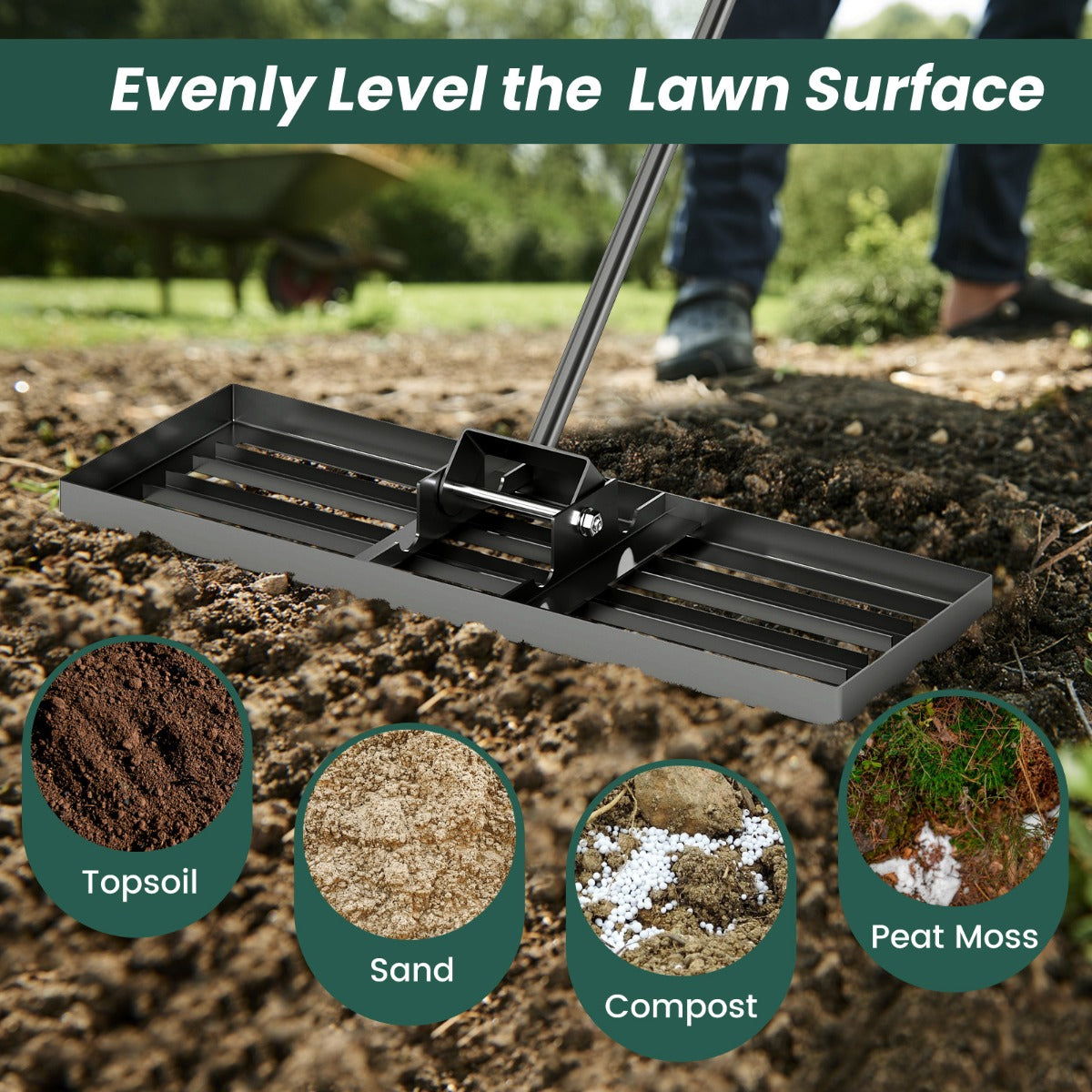 75/91/106 x 25cm Lawn Leveling Rak with Ergonomic Handle-75 x 25 cm-Black