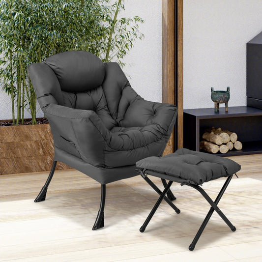 The accent chair placed in a bright room next to a bamboo plant and a wooden shelf