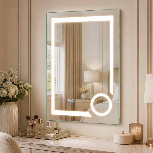 The wall mirror mounted above a dressing table with makeup brushes and flowers nearby