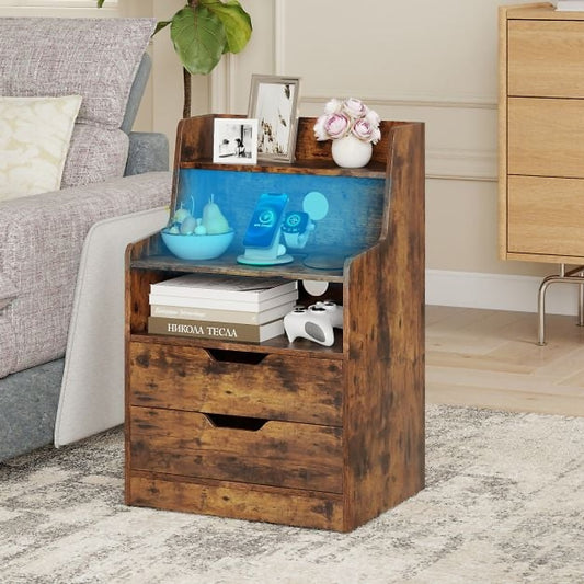 The rustic brown bedside table with blue lighting, books and decor items in a living room
