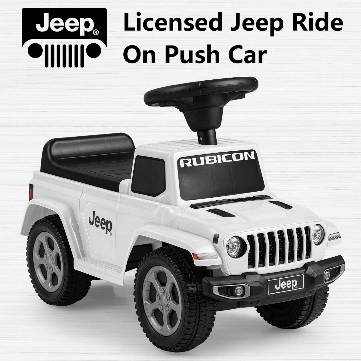 White licensed Jeep ride on push car with text overlay