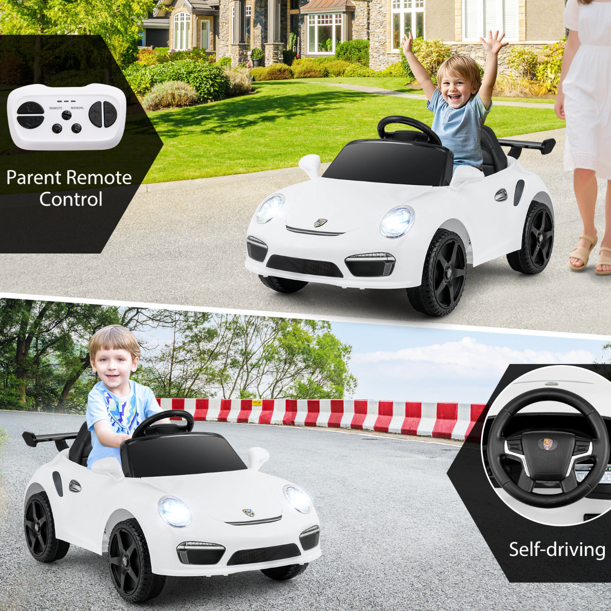 Collage showing a child driving the white kids electric car and the remote control
