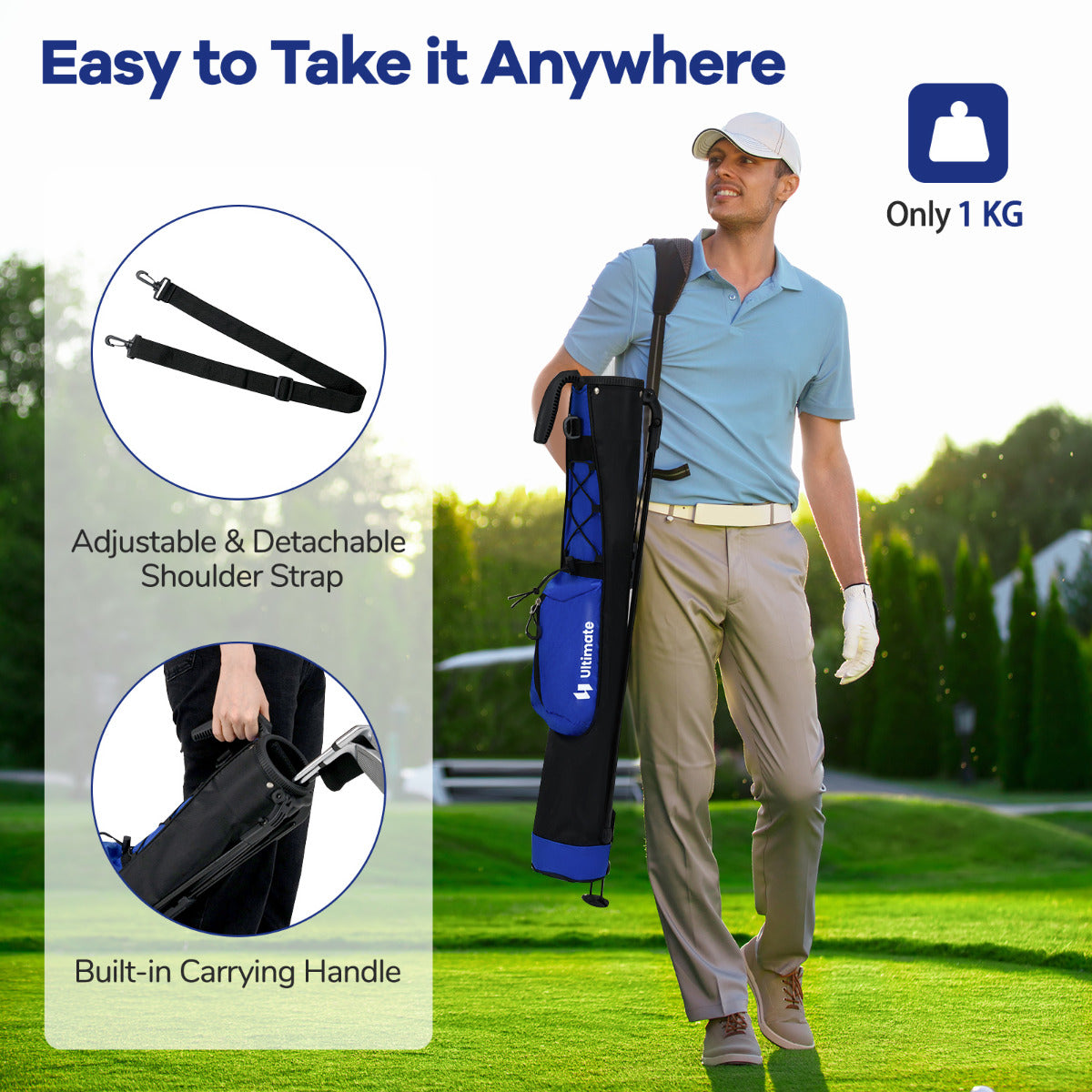 Man carrying the lightweight golf bag with shoulder strap and handle