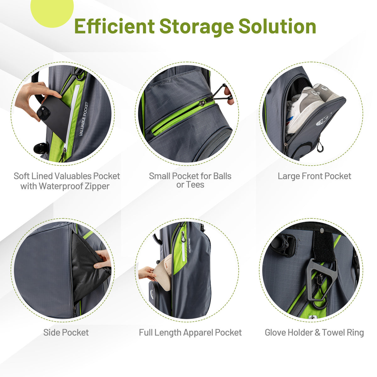Collage of different storage pockets on the golf stand bag, including a valuables pocket and apparel pocket