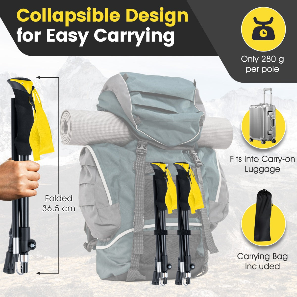 The yellow walking sticks are shown folded and in a carry bag, fitting into luggage