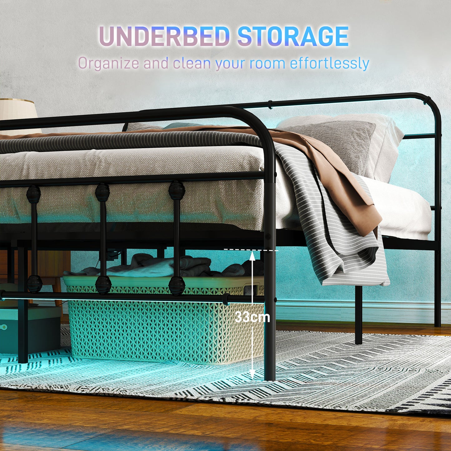 HOMCOM King Bed Frame with LED Lights and Charging Station, Metal Platform Bed Frame with Under Bed Storage, Black