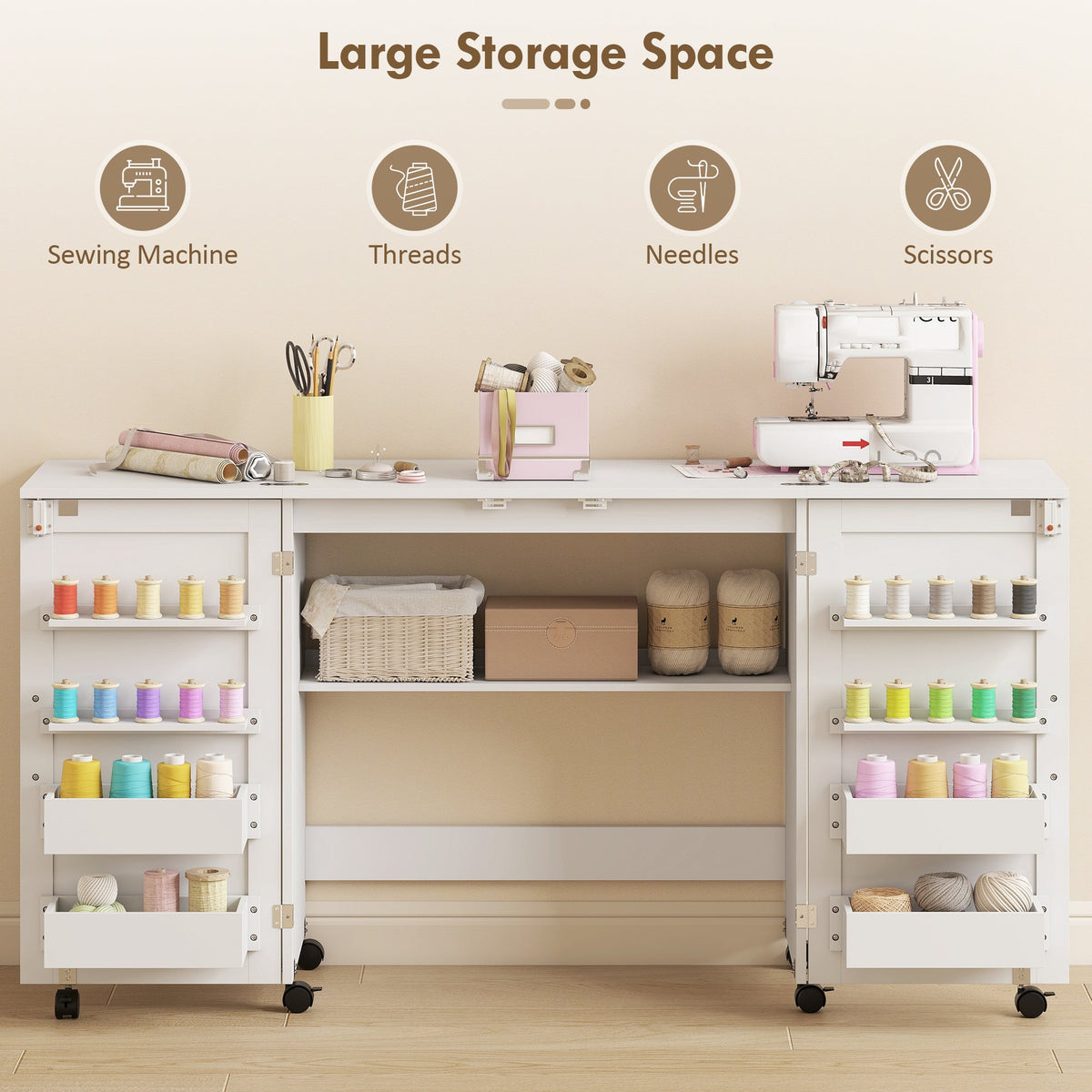 HOMCOM Folding Sewing Table with 2 Magnetic Doors, Storage Shelf, Lockable Wheels, Space Saving, White