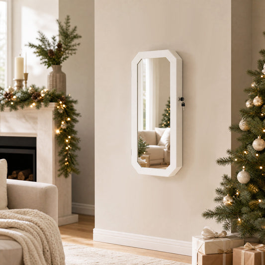 The white jewellery cabinet with a mirror door hanging on a wall, set against a festive backdrop