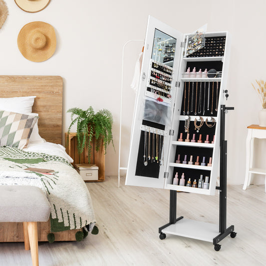 The jewelry armoire stands in a bedroom filled with various accessories and beauty products