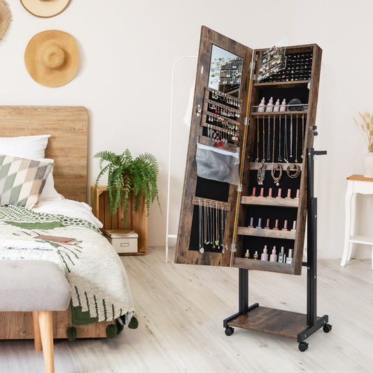 Jewelry armoire organizer with mirror and LED lights, open and filled with jewellery in a bedroom setting