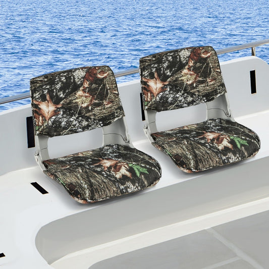 Two camouflage padded boat seats on a white boat deck
