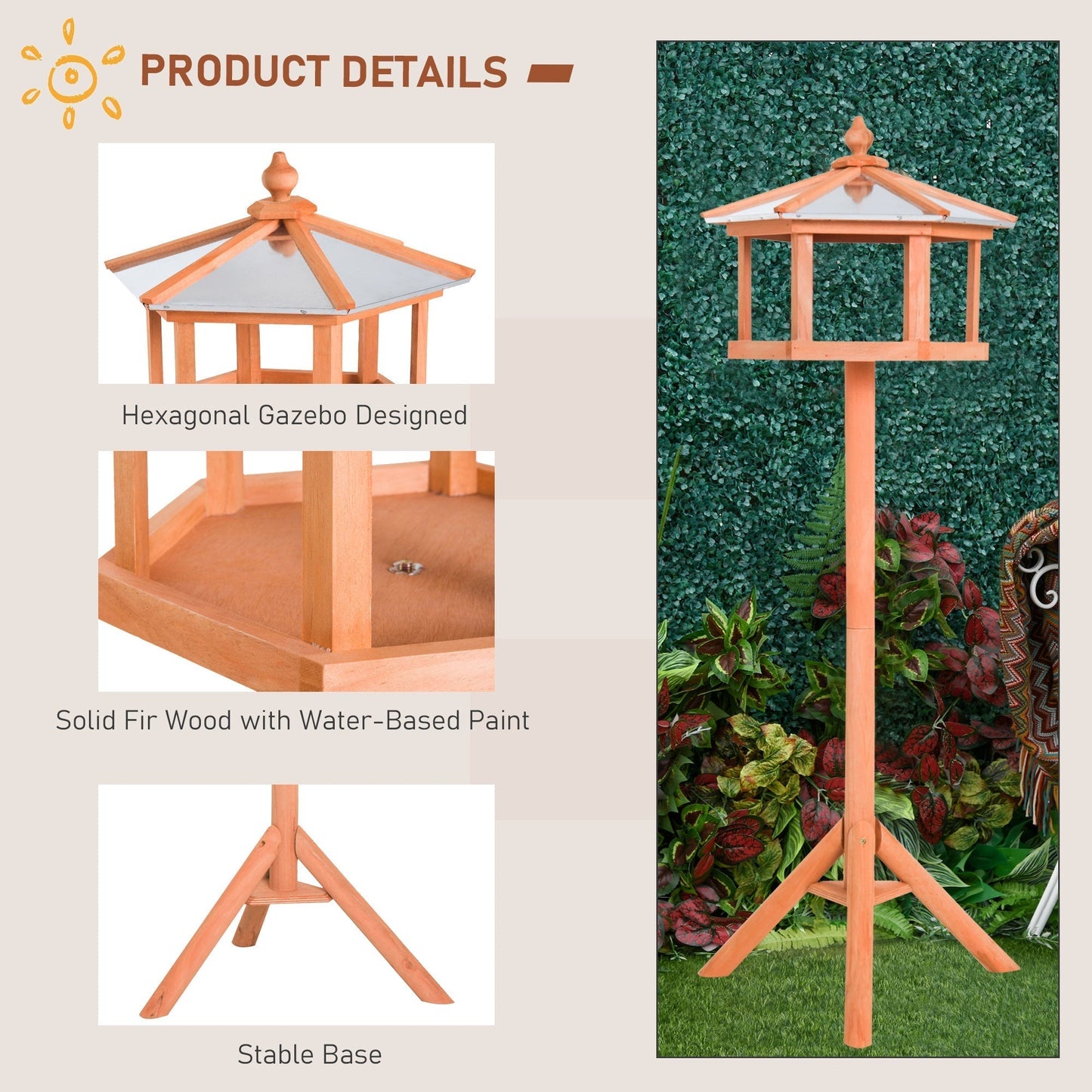 PawHut Wooden Bird Table Free Standing Feeder Garden Sheltered Feeding Station Parrot Stand Birdhouse a40x113cm