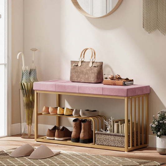 HOMCOM Bench and Shoe Storage, Tufted Shoe Storage Bench with Velvet Seat Cushion Gold Steel Frame for Entryway, Pink