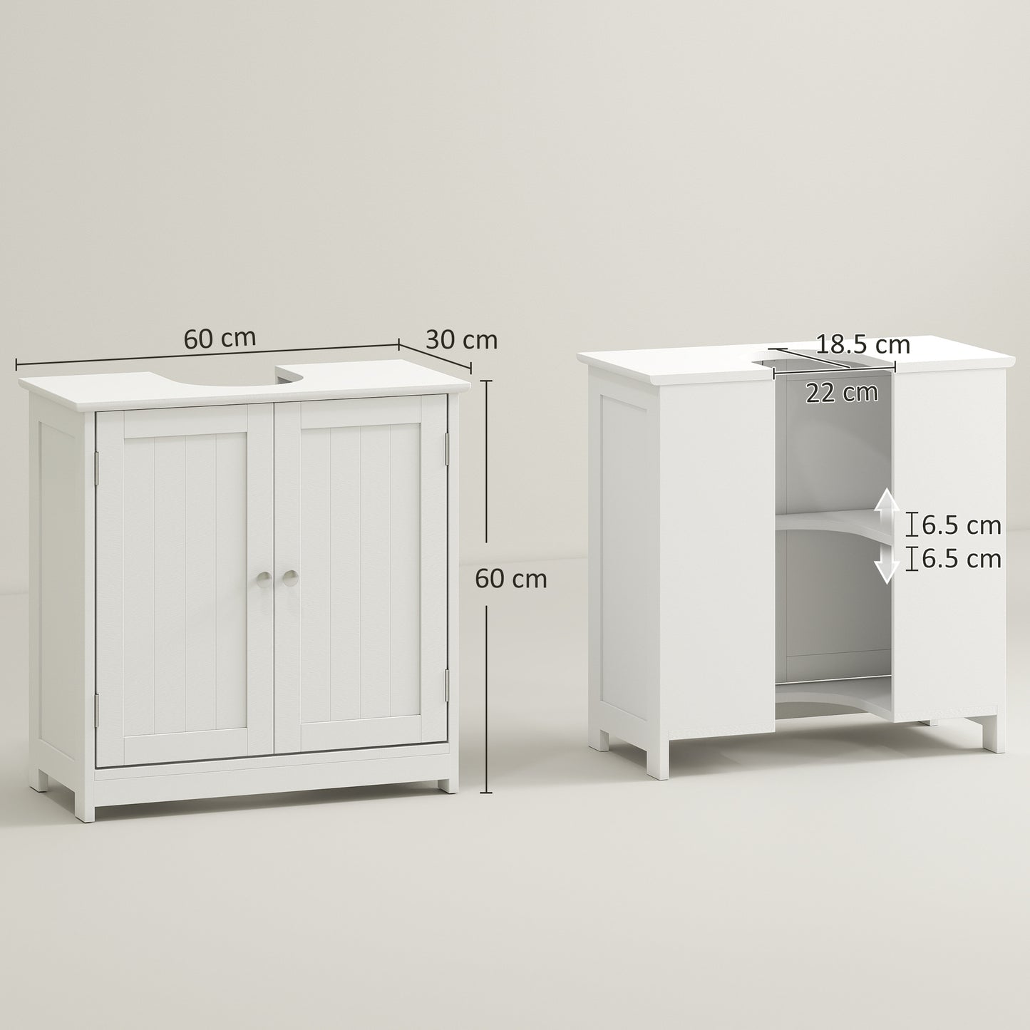 kleankin 60x60cm Under-Sink Storage Cabinet w/ Adjustable Shelf Handles Drain Hole Bathroom Cabinet Space Saver Organizer White